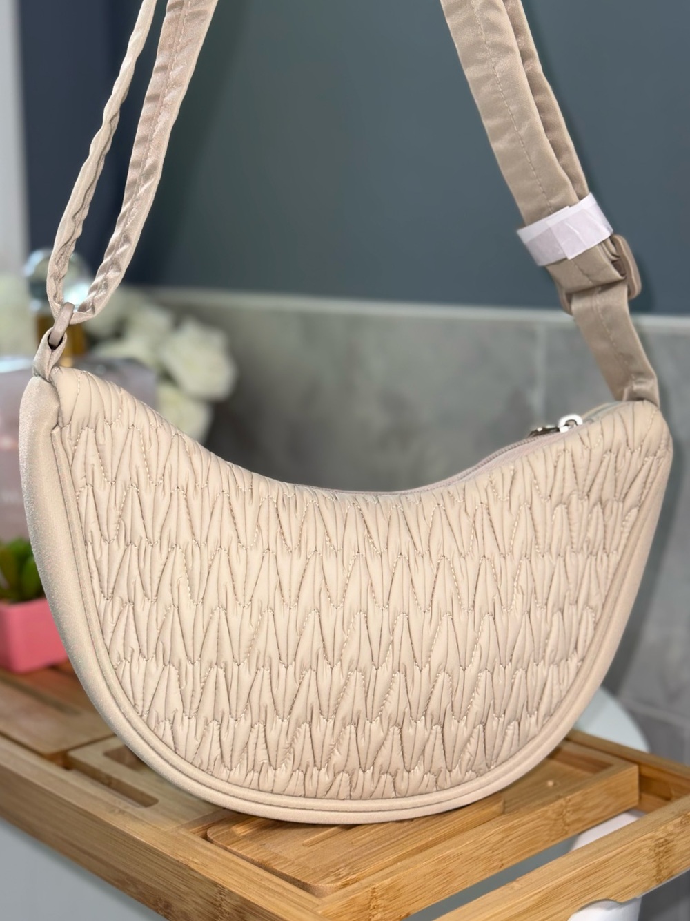 Beige Quilted Crescent Shoulder Bag - Neutral Women's Bag